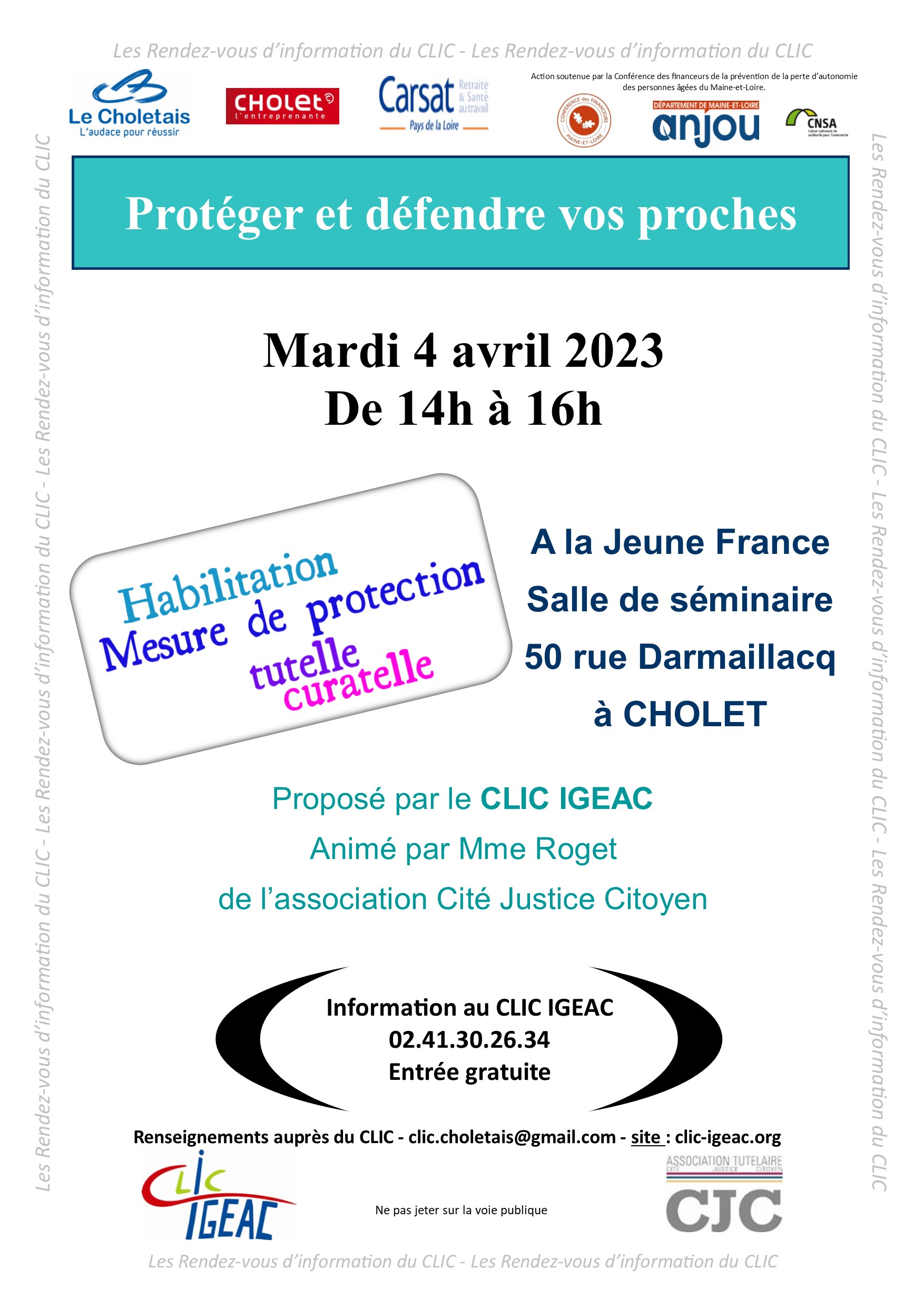Mesure de protection Habilitation Tutelle Curatelle Information le 4/04/2023 de 14h à 16h A la Jeune France 50 rue Darmaillacq à Cholet